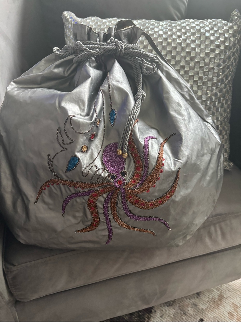 Silver Drawstring Tote with Embroidered Octopus Garden  Detail vintage